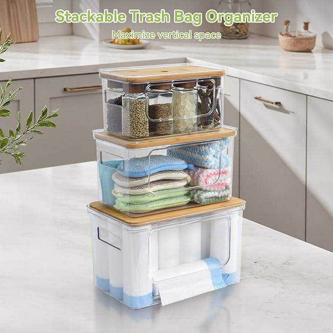 OTraki 3 Pack Trash Bag Holder Dispenser with Lid Plastic Garbage Bag Holder Dispenser Stackable & Wall-mounted, Trash Bags Dispenser Under Sink for Kitchen, Pantry Cabinet Organizer and Storage