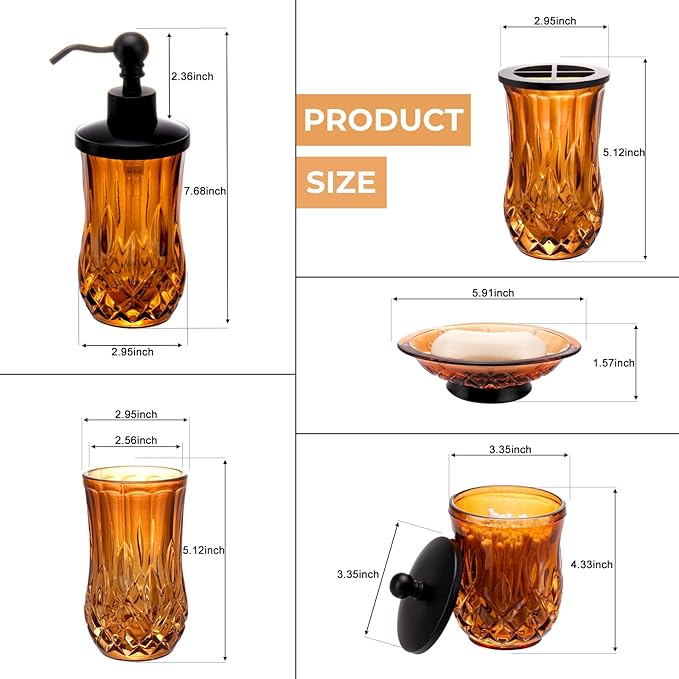 Bathroom Accessories Set,5 Pcs Amber Glass Bathroom Accessory Set, Complete Lotion Soap Dispenser, Toothbrush Holder, Soap Dish, Tumbler & Jar, Modern Bathroom Decor Sets,Gift for Home Apartment,Round