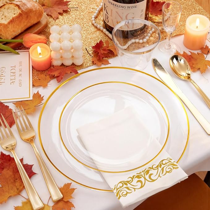 NOCCUR 350PCS Clear and Gold Plastic Plates - Gold Disposable Plastic Dinnerware Set for 50 Guests Include 100 Plastic Plates, 150 Gold Cutlery, 50 Cups&50 Napkins Idea for Party/Christmas