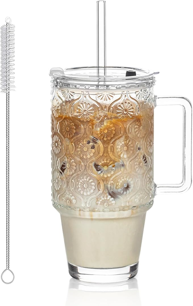 KEMORELA 24 Oz Ribbed Glass Tumblers with Lids and Straws, Tumbler Cup with Handle, Iced Coffee Glassware, Clear Reusable Drinkware for Smoothies and Beverages(1)