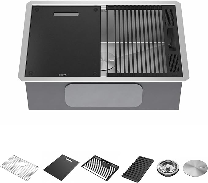 DELTA FAUCET Rivet 27-Inch Workstation Kitchen Sink Undermount 16 Gauge Stainless Steel Single Bowl with WorkFlow Ledge and Chef’s Kit of 6 Accessories, 95B931-27S-SS