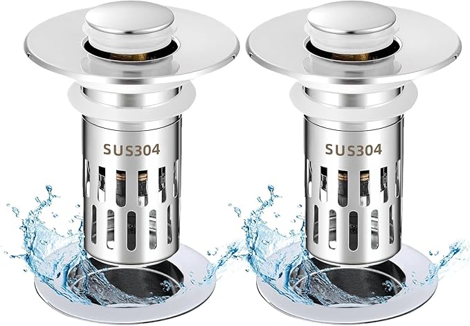 Bathroom Sink Drain Stopper, Universal Pop Up Drain for Bathroom Sink Replacement, Sink Drain Cover with Anti-Clogging Filter Basket Hair Catcher, 2 Pack Sink Drain Strainer for 1.1-1.45 Inch