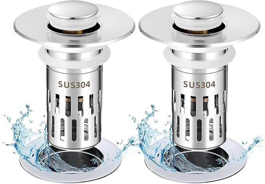 Bathroom Sink Drain Stopper, Universal Pop Up Drain for Bathroom Sink Replacement, Sink Drain Cover with Anti-Clogging Filter Basket Hair Catcher, 2 Pack Sink Drain Strainer for 1.1-1.45 Inch