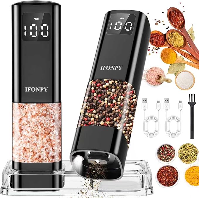 Upgraded Larger Capacity Electric Salt and Pepper Grinder Set Rechargeable with Digital Display, Refillable Electric Pepper Grinder Mill Set with Light & Ceramic Core, Adjustable Coarseness