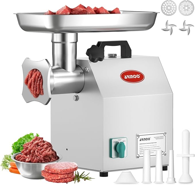 Commercial Meat Grinder #12, 1.0HP Heavy Duty Industrial Stainless Steel Meat Mincer, Sausage Stuffer with 2 Blades, 2 Plates & 3 Sausage Tubes, Meat Grinder Machine for Commercial & Home Kitchen Use