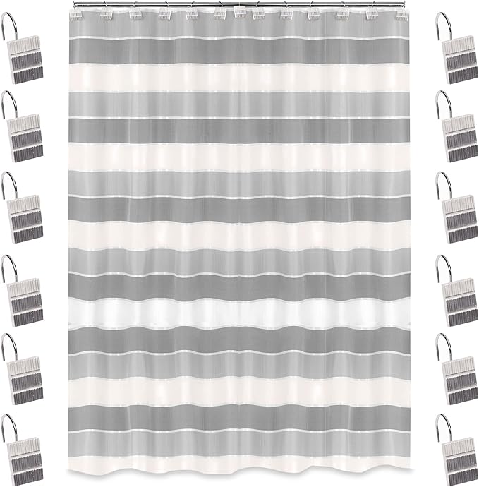 Zahari Home 13pc Modern Line Shower Curtain Set - Gray Luxury Contemporary Shower Curtains with Unique Design & 12 Hooks