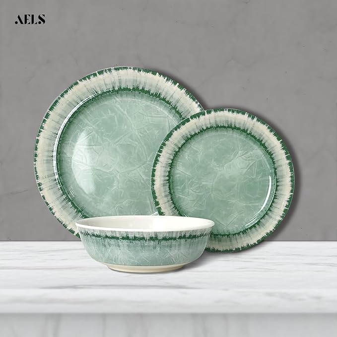 AELS Melamine Dinnerware Set of 18 Pcs Dinner Dishes Set, Lightweight Unbreakable for Indoor and Outdoor Use, BPA Free, Dishwasher Safe, Sage Green