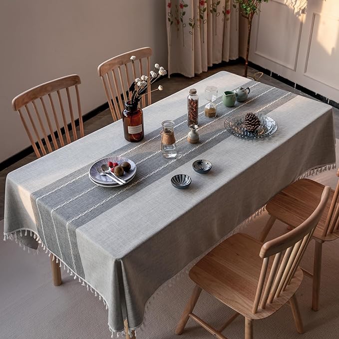 Deep Dream Tablecloth, Embroidered Waterproof Table Cloth Cotton Linen Wrinkle Free Anti-Fading Tablecloths Washable Dust-Proof Table Cover for Kitchen Dinning Party, 55 x 140 Inch - New Gray