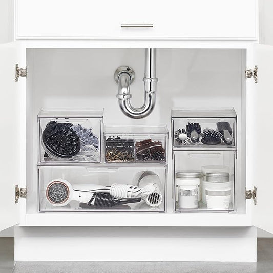 mDesign Plastic Stackable Bathroom Storage Organizer Bin Containers with Front Pull Drawer for Bathroom Countertop, Vanity, Closet Shelves - Holder for Beauty Accessories - Lumiere Collection - Clear