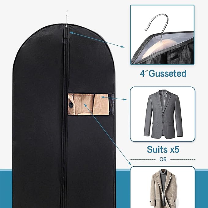 Garment Bag, 24'' x 55'' Suit Bag, 4 Packs, Dress Bags for Gowns, Garment Bags for Travel, Travel Garment Bag, Garment Bags for Hanging Clothes, Washable Suit Cover for Suits, Coats (Black)