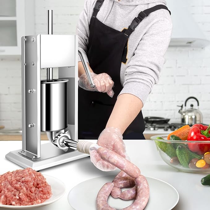 YBSVO 7 lb. Stainless Steel Vertical Manual Sausage Stuffer with 5/8", 7/8", 1 1/4", and 1 1/2" Stainless Steel Funnels