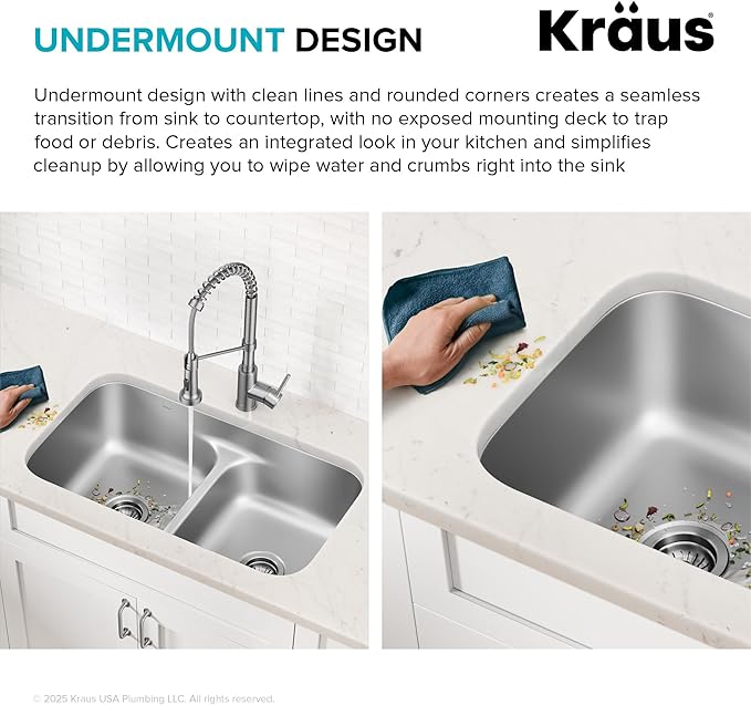 KRAUS Premier 32-inch Undermount 60/40 Double Bowl with Low Divider 18-Gauge Stainless Steel Kitchen Sink with Strainers (x2), KBU24