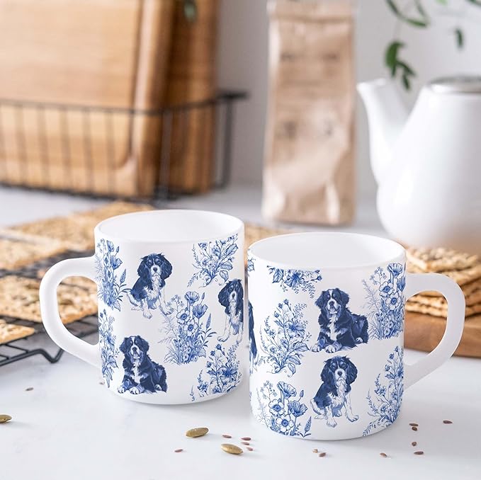 Cavalier King Charles Spaniel with Bernise Mountain Dog Blue French Toile Coffee Mug, Cavalier & Bernise Lover Gifts for Women, Blue Toile Coffee Cup, Birthday Gifts for Dogs Mom, Dog Dad, 11 oz