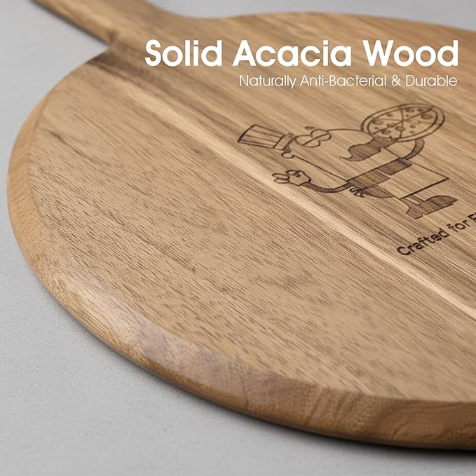 Acacia Wood Charcuterie & Pizza Board Set with Pizza Cutter – Premium Multi-Purpose Pizza Serving Board for Cheese, Bread, Fries, Appetizers – Rustic Cutting Board for Entertaining & Gift Giving