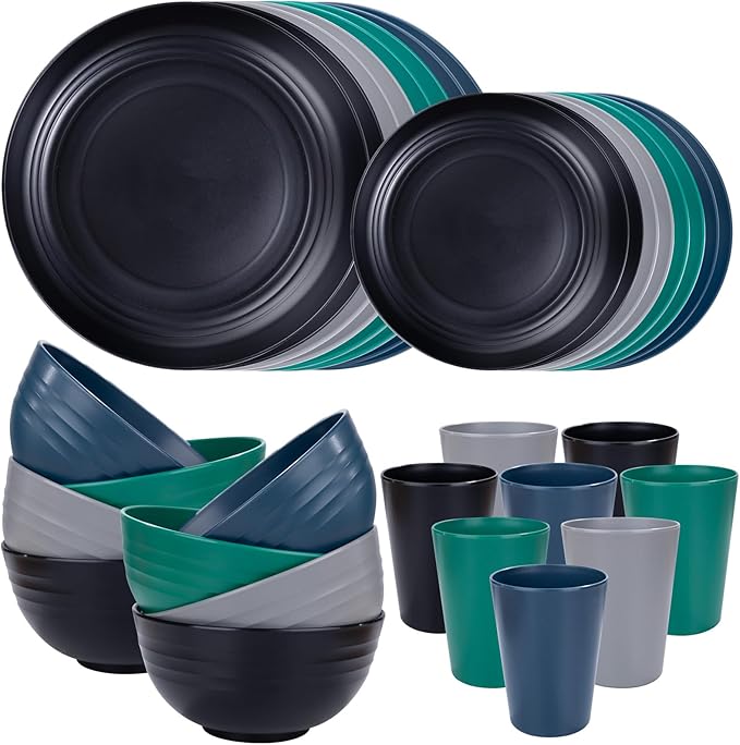 Supernal 32pcs Wheat Straw Dinnerware Sets,Plastic Plates and Bowls Sets for 8,Unbreakable Plates and Bowls Sets Dishwasher Safe Microwave Safe Fun Colors Perfect for Cooking Family Camping Picnics