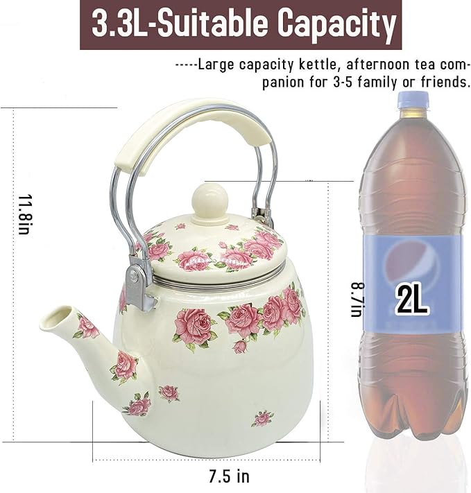 Enamel Teapot floral,Large Porcelain Enameled Teakettle,Colorful Hot Water Tea Kettle pot for Stovetop,Small Retro Classic Design (3.3L, style3)