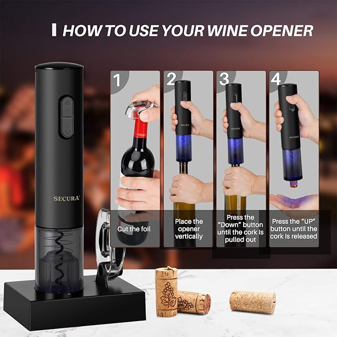 Secura Electric Wine Opener, Automatic Electric Wine Bottle Corkscrew Opener with Foil Cutter, Rechargeable (Black)