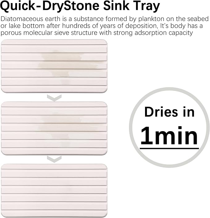 Set of 4 Bathroom Vanity Tray, Quick-Dry Diatomite Kitchen Tray with Non-Slip Pads | Water Absorbing Stone Used for Soap, Sponges, Cosmetics | Eco-Friendly Bath Sink Organizer
