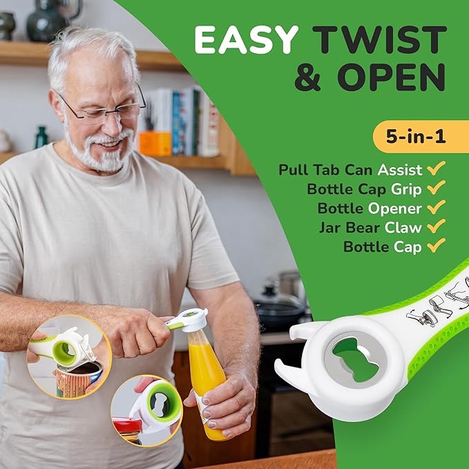 Jar Opener for Weak Hands and Seniors with Arthritis, 5 in 1 Multi Function Bottle Opener Lid Opener For Arthritic Hands with Non Slip Gripper For Opening Jars And Bottles (Green)
