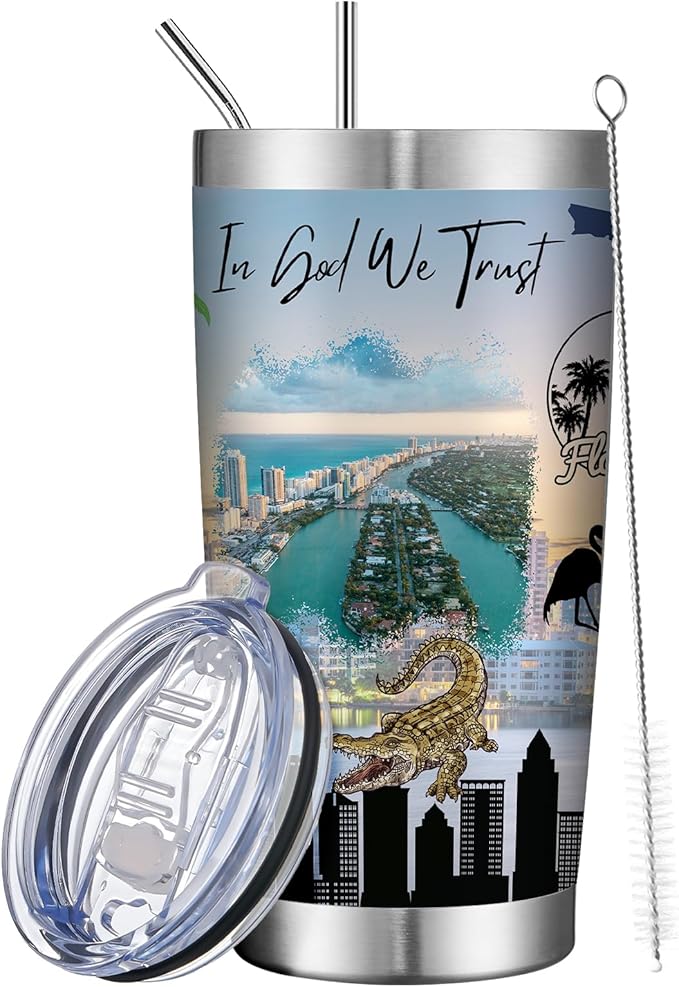 20oz Insulated Tumbler Florida State Coffee Mug, United States Map Travel Mug Landmark, Birthday Gifts Cute Custom Tumbler Cups with Lid and Straw Mothers Day Gifts