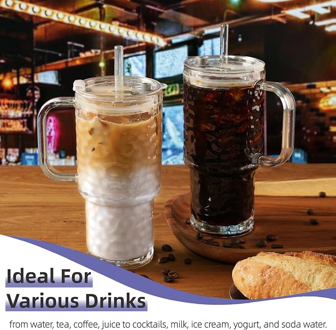 20 oz Glass Tumbler with Handle Set, 2 Pcs Clear Stanley Cup with Straw and Lid, Reusable Glass Cups for Coffee, Tea, Coffee, Juice, Yogurt, And Soda Water