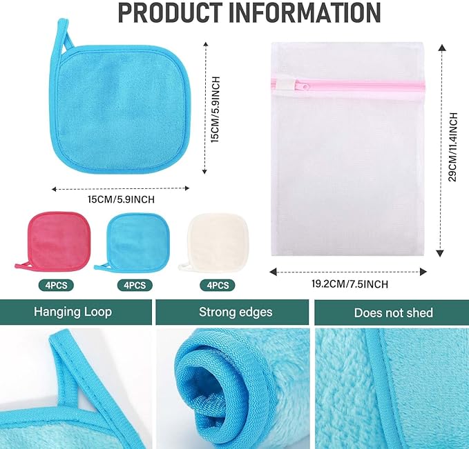 12 Pack Makeup Remover Cloth, 6" x 6" Reusable Makeup Remover Towels Face Washcloth for Washing Face, Makeup Remover Pads Cosmetic Face Wash (Pink-White-Blue)