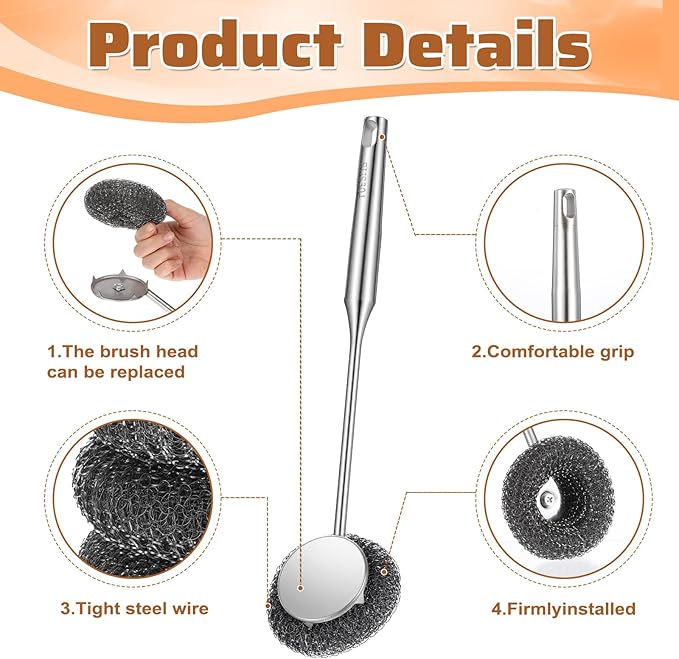 8 Pack Stainless Steel Scrubber with Handle Brush Set, 1 Long Brushes,2 Short Brushes,4 Wire Sponge Pads,1 Screwdriver for Cleaning Pots, Pans, Grills, BBQ, Dishes and Sink, Home Cooks
