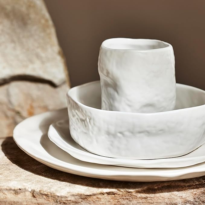 Stone by Mercer Project Atik Modern Stoneware 16-Piece Dinnerware Set, Plate and Bowl Set, Dish set for 4, White