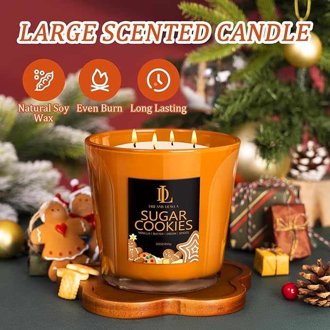 Large Christmas Candle Sugar Cookie Scented, 4 Wick Natural Soy Candles for Home Scented, 30oz Big Scented Candle Long Lasting, Holiday Baking Fragrance Home Kitchen Christmas Gift for Women Men