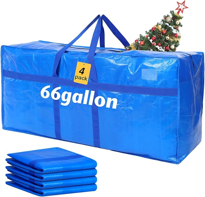 4 Pcs 66 Gallon Large Moving Bags with Zipper and Handles Foldable Storage Duffle Bags Heavy Duty Extra Large Totes for College Dorm Travel Clothes Blankets Bedding Moving (Blue)