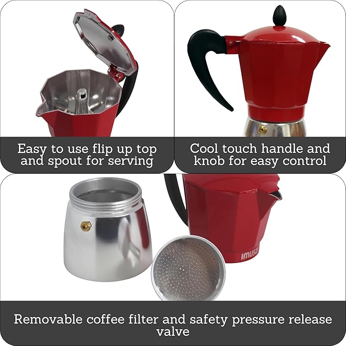 IMUSA USA Red Aluminum Stovetop 6-cup Classic Italian and Cuban Espresso Maker (B120-43T), Silver/Red