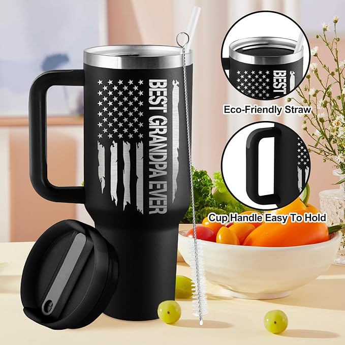 Grandpa Gifts Birthday Gifts for Grandpa Best Grandfather Fathers Day Gift Great Grandfather Birthday Gift from Grandkids 40oz Travel Cup Insulated Tumbler with Handle & Straw