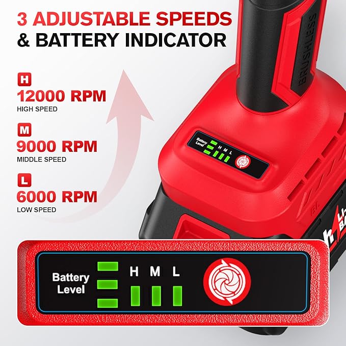 Cordless Angle Grinder 4-1/2 inch, 12000 RPM Brushless Motor Electric Grinder Power Tools with 2x4.0Ah Battery & Fast Charger, Power Metal Grinder for Cutting, Grinding, Polishing
