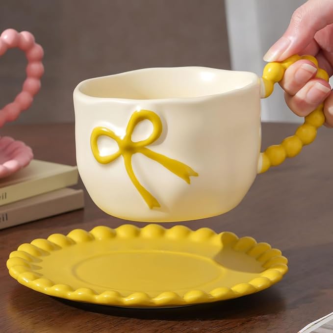 Bow Coffee Mug Yellow Coquette Coffee Mugs Set with Saucer 12 OZ Porcelain Tea Cup Bow Cute Mug for Women Girl