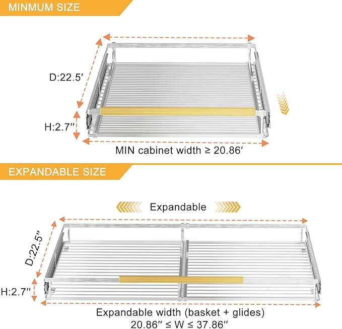 SANNO Pull Out Cabinet Organizer, Slide Out Kitchen Cabinet Storage Sliding Shelves, Bottom-Mounted,Expandable Slide Out Shelves for Home, Kitchen, Bathroom, Pantry, Closet(1pack)