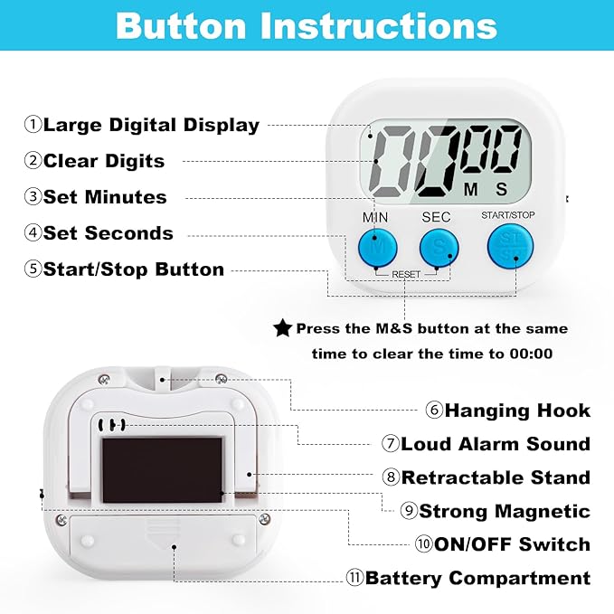 6 Pack Digital Kitchen Timer Multi-Function Magnetic Timers Classroom Timer for Kids Loud Alarm Big LCD Display Electronic Timers for Cooking, Classroom, Exercise, Study, Meeting(Blue, Green, White)