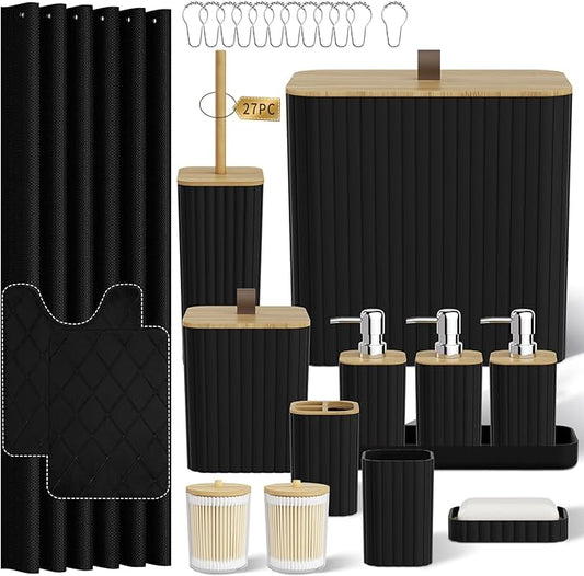 Bathroom Accessory Set - Black Bathroom Set, 27PC Bathroom Accessories Set, Bathroom Sets with Shower Curtain and Rugs, Mini Trash Can, Toilet Brush, Trash Can & Soap Dispenser