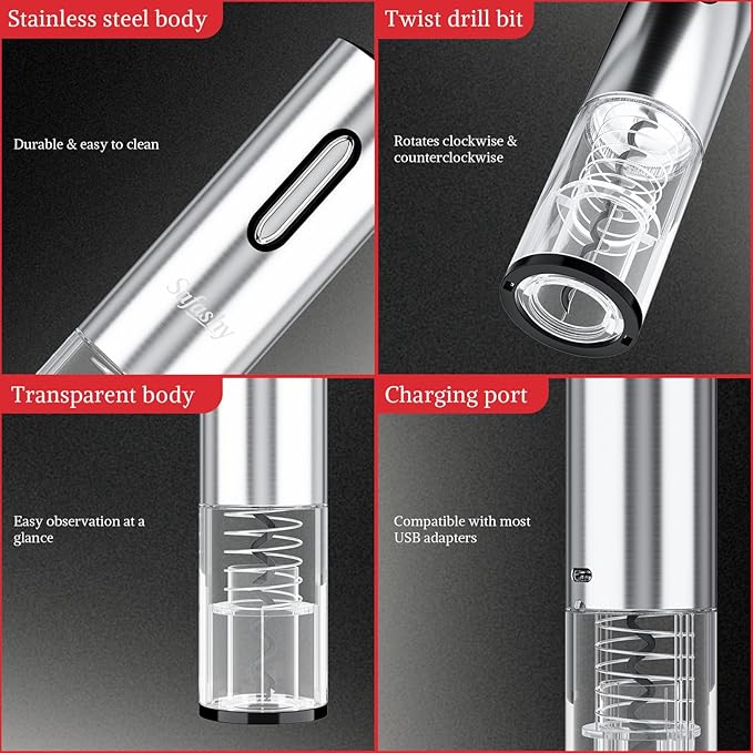Stainless Steel Rechargeable Electric Wine Opener, 5 IN 1 Automatic Bottle Wine Corkscrew Kit with Foil Cutter, Decanter, Vacuum Stopper, Elegant Wine Gift Sets for Christmas, Date, Champagne