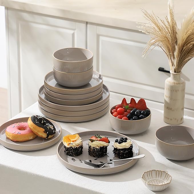 Frewinky Ceramic Dinnerware Sets for 1, Round Reactive Glaze Porcelain Plates and Bowls Sets, Scratch Resistant Modern Dishes Set, Dishwasher & Microwave Safe, Service for 1-Gray