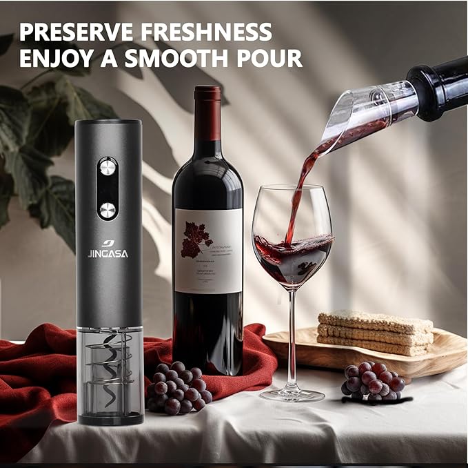 Electric Wine Opener Set With Base– Rechargeable Wine Bottle Opener Kit with Foil Cutter, 2 Vacuum Stoppers, and Wine Pourer – Best Wine Gift Set, Fancy Wine Opener for Wine Lovers and Parties