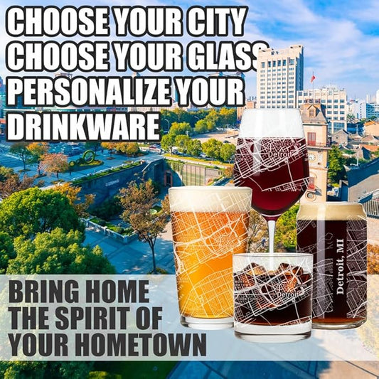 Blue Ridge Mountain Gifts - Detroit Souvenir - Michigan Glassware Gift, Etched City Map, Laser Engraved and Dishwasher Safe