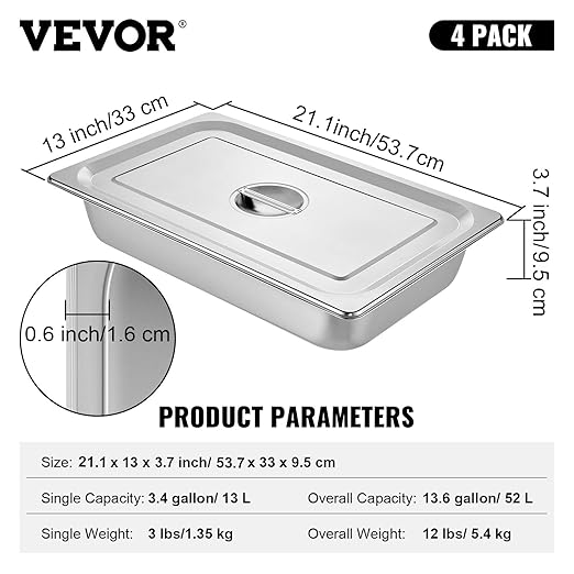 VEVOR 4 Pack Full Size Steam Table Pan,4 Inch Deep, 13L Capacity - Stainless Steel Food Container for Oven, Hotel - Anti-Jam Design
