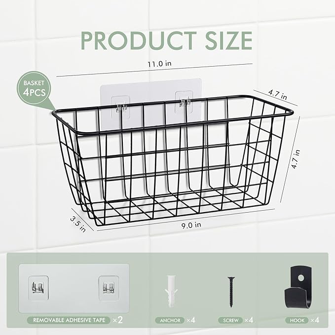 Wire Hanging Wall Basket, 4 Black Baskets Set Adhesive Wall Mount Organizer for Pantry Kitchen RV Bathroom Cabinet Storage Organization