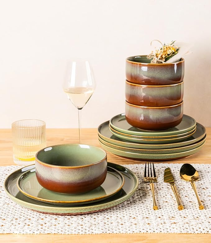 TheTerra Ceramic Dinnerware Sets for 4, 12 Pieces Handmade Reactive Glaze Plates and Bowls Set, Scratch Resistant Dish Set, Oven & Microwave & Dishwasher Safe, Brown Green