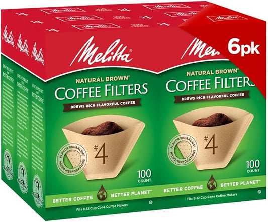 Melitta #4 Cone Coffee Filters, Natural Brown, 100 Count (Pack Of 6), 600 Total Filters - Fits all 8-12 Cup Cone Coffee Makers and Pour-Overs, Compostable, Tear-Resistant, Made in USA
