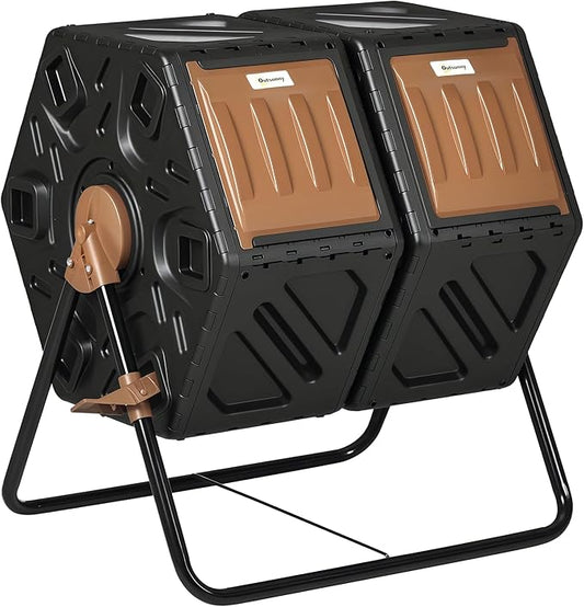Outsunny Dual Chamber Compost Tumbler Bin, Outdoor Tumbling Composter with 24 Ventilation Openings and Steel Legs, 34.5 Gallon