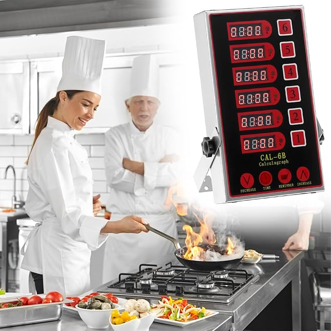 QWORK Kitchen Timers for Cooking – 6 Channel Commercial Kitchen Timer with Ultra-Loud Alarm, LED Display, No Battery Needed, for Restaurants and Catering