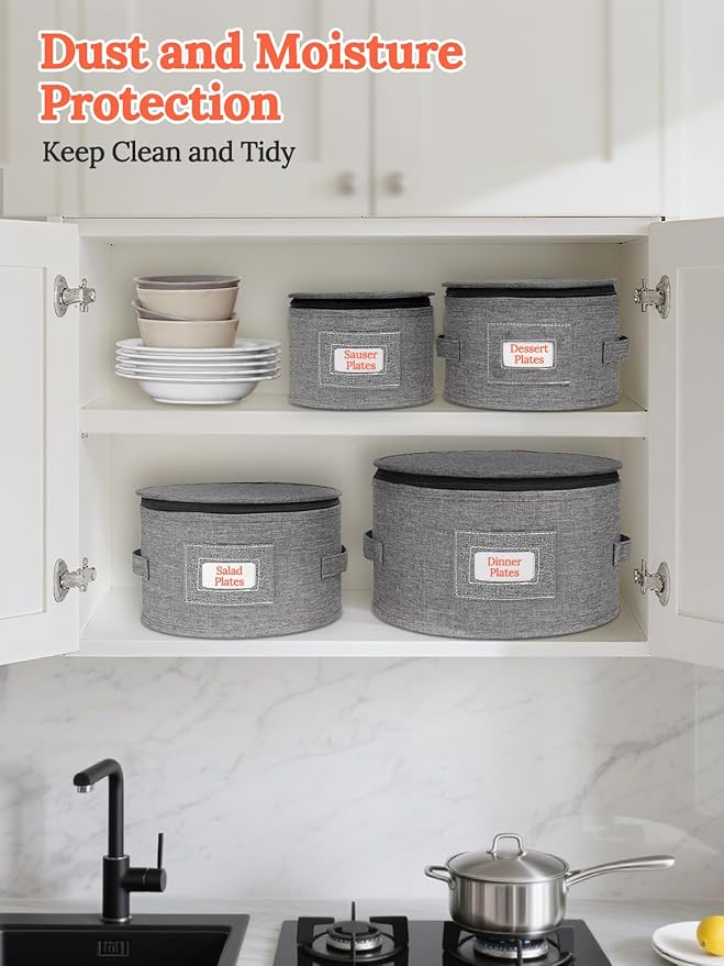 Cirhy China Storage Containers, 4 Piece Rigid-Shell Dinnerware Storage with Felt Dividers, Stackable Fine China Storage for Plates, Bowls, Glassware, Kitchen Dish Organizer for Moving