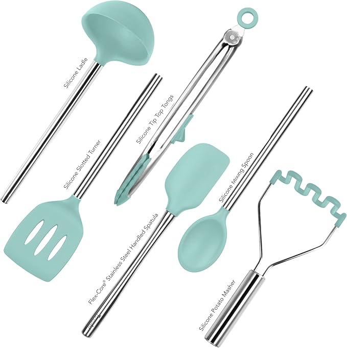 Tovolo Silicone Cooking Utensil Set of 6 Aqua Seafoam Green Ladle Slotted Turner Tongs Flex Core Spatula Scraper Mixing Spoon and Potato Masher, Dishwasher Safe Non Toxic BPA Free Kitchen Utensils