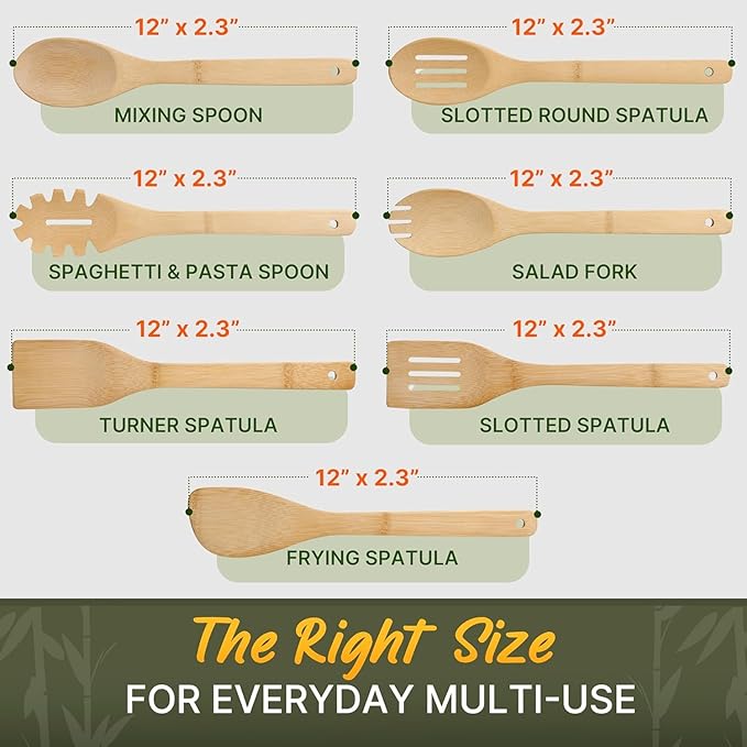 Wooden Utensil Set, Bamboo Utensils – 7 PCs Wood Spoons for Cooking, Easy to Clean, Sturdy, Lightweight & Heat Resistant